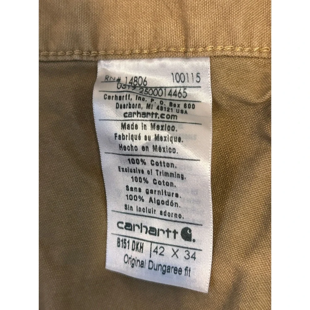 Carhartt Men's Khaki‎ Dungaree Fit Cotton Work Pants Size 42x34